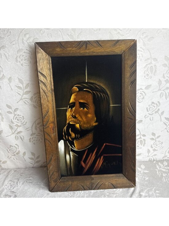Handmade Other - Vintage Framed Jesus Portrait Black Velvet Painting Signed By Miguel - 14"x23"